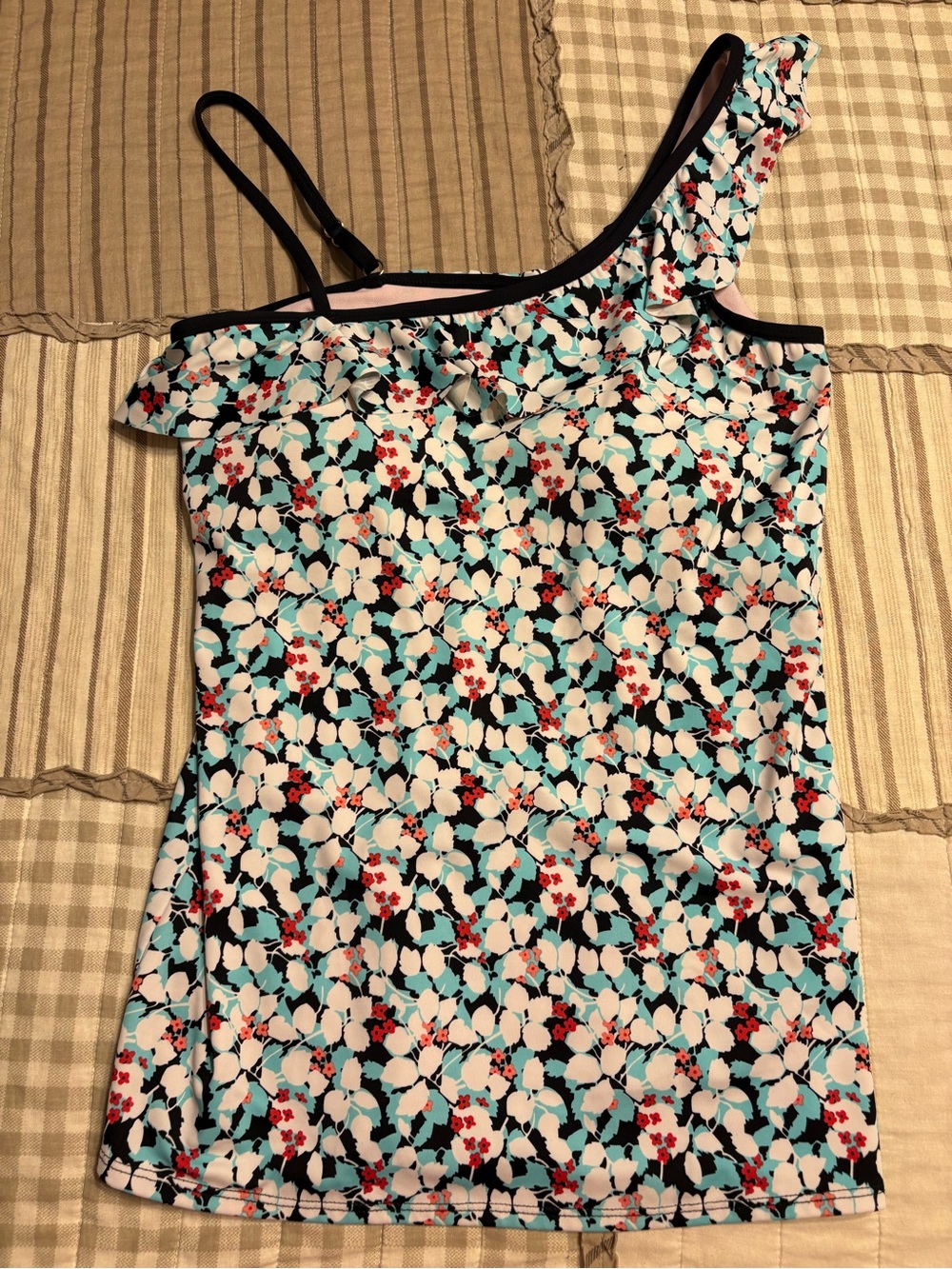 Lime Ricki Women’s One-Shoulder Floral Tank Top in Black, White & Teal